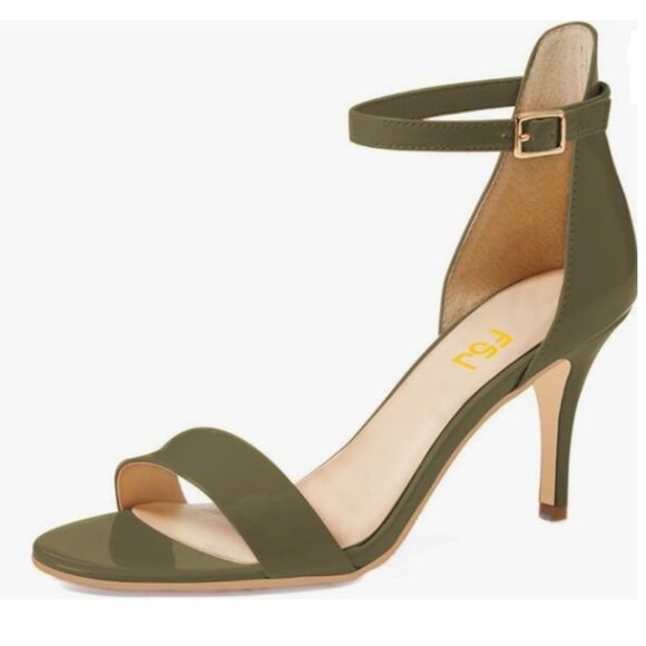 FSJ Olive Open Toe Summer Sandal Ankle Strap High Heels Shoes Patent Leather - Picture 1 of 8